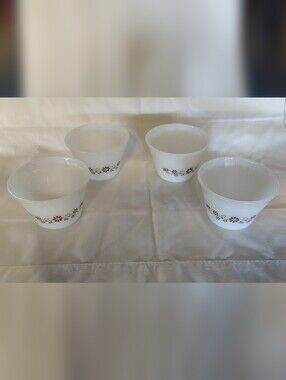 Vintage 60s Dinaware  milk glass with brown floral pattern custard cups set of 4